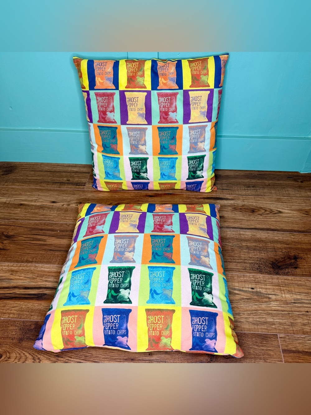 Pair of Ghost Pepper Potato Chip Pattern Throw Pillows Trader Joe’s Whimsical